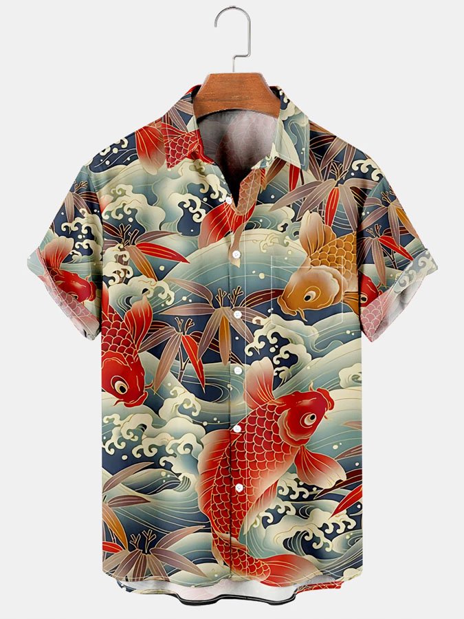 Men's Vintage Koi Ocean Creatures Print Short Sleeve Shirt Red / MMens short sleeve shirts Big and tall Mens shirts Short sleeve shirts for men Mens 4xl shirts Casual short sleeve shirts