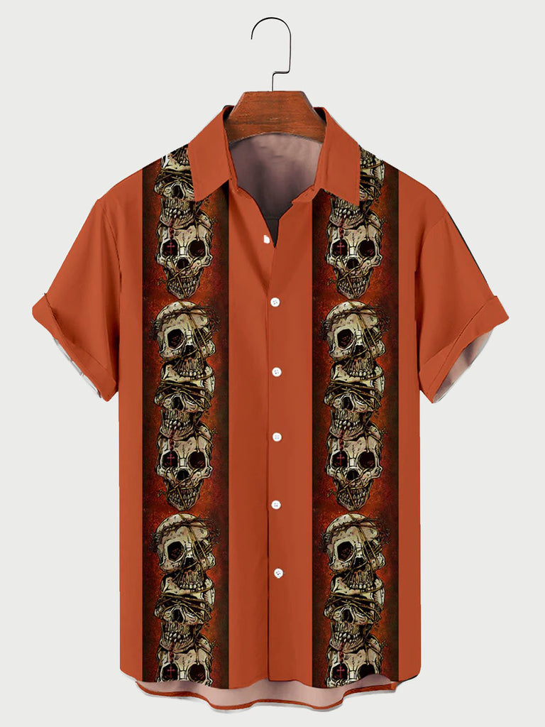 Men's Halloween Skull Contrast Print Short Sleeve Bowling Shirt Orange / M