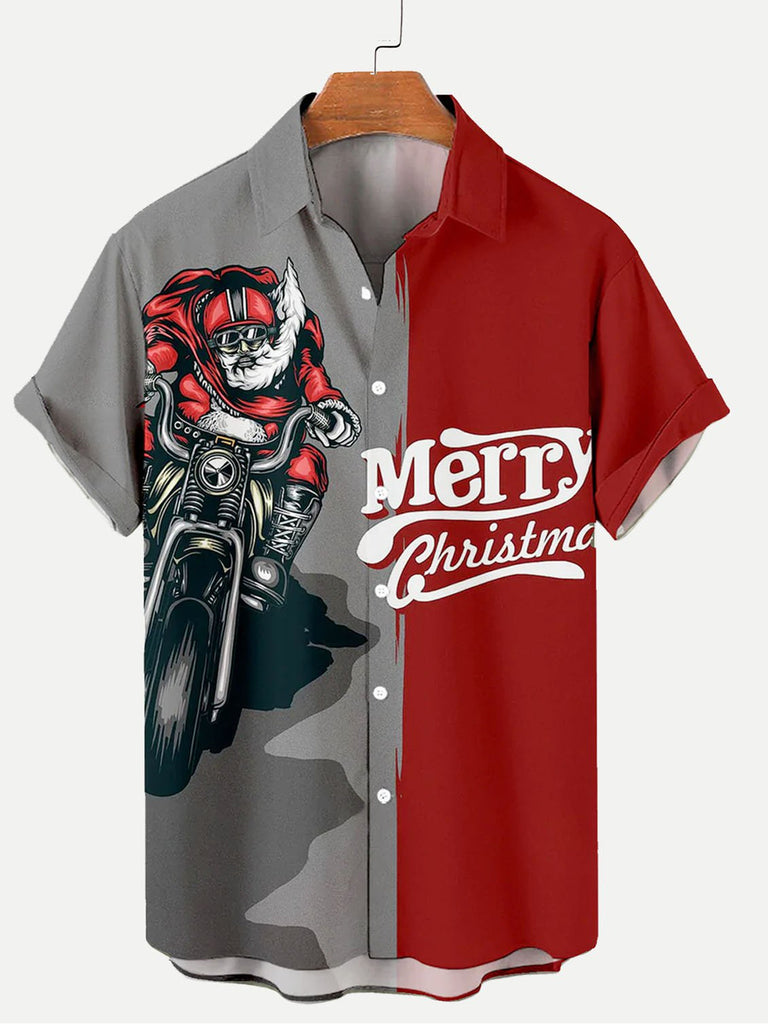 Merry Christmas Santa Claus On A Motorcycle Short Sleeve Shirt Red / MMens short sleeve shirts Big and tall Mens shirts Short sleeve shirts for men Mens 4xl shirts Casual short sleeve shirts