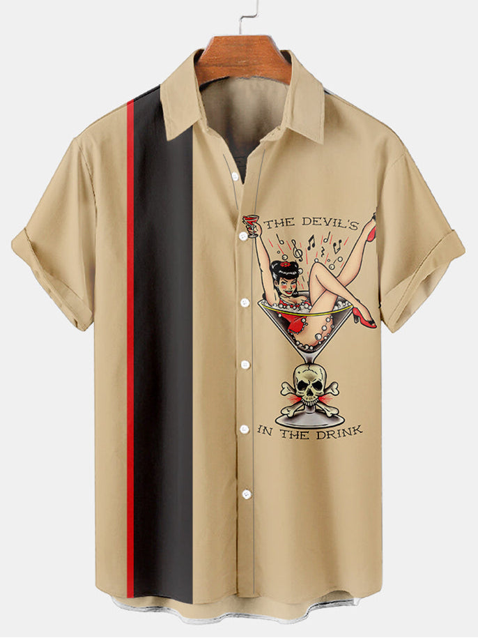 Devil In The Drink Men's Casual Short-Sleeve Shirt Khaki / MMens short sleeve shirts Big and tall Mens shirts Short sleeve shirts for men Mens 4xl shirts Casual short sleeve shirts