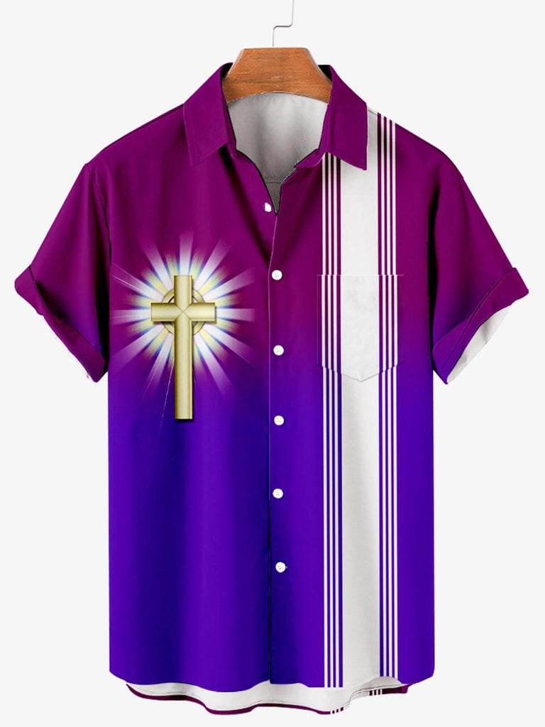 Easter Crucifix Print Men's Shirt Purple / MMens short sleeve shirts Big and tall Mens shirts Short sleeve shirts for men Mens 4xl shirts Casual short sleeve shirts