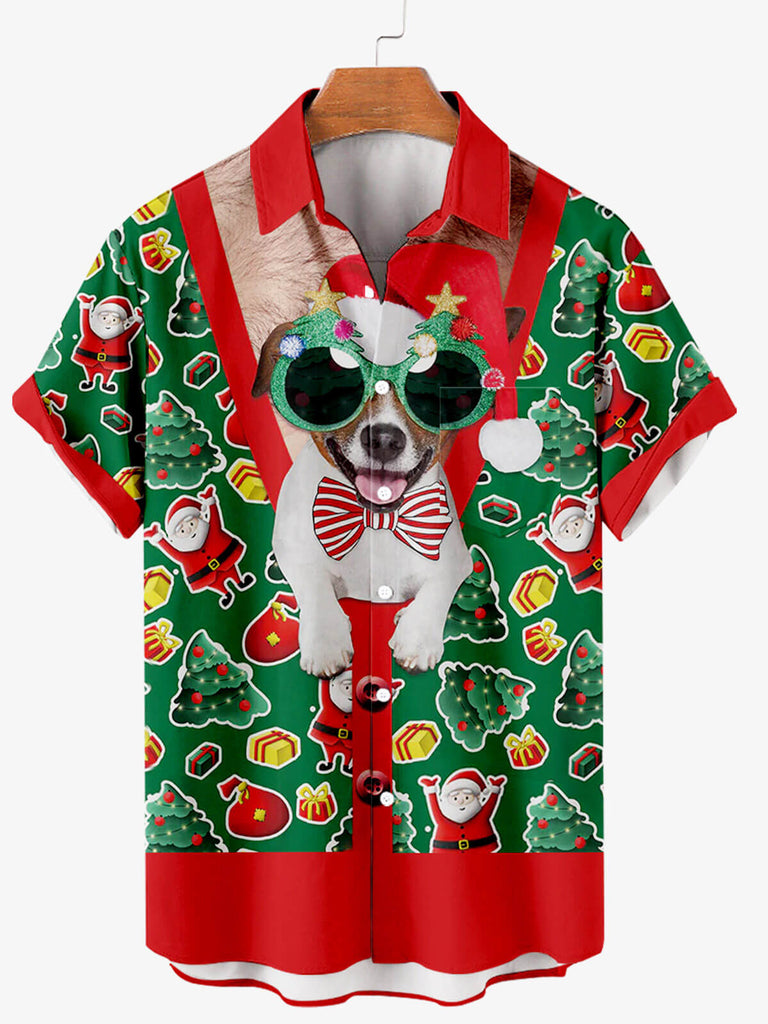 Christmas Happy Dog Men's Short Sleeve Shirt Green / MMens short sleeve shirts Big and tall Mens shirts Short sleeve shirts for men Mens 4xl shirts Casual short sleeve shirts