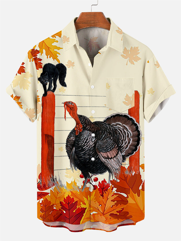 Men's Thanksgiving Turkey Print Casual Short Sleeve Shirt Beige / M