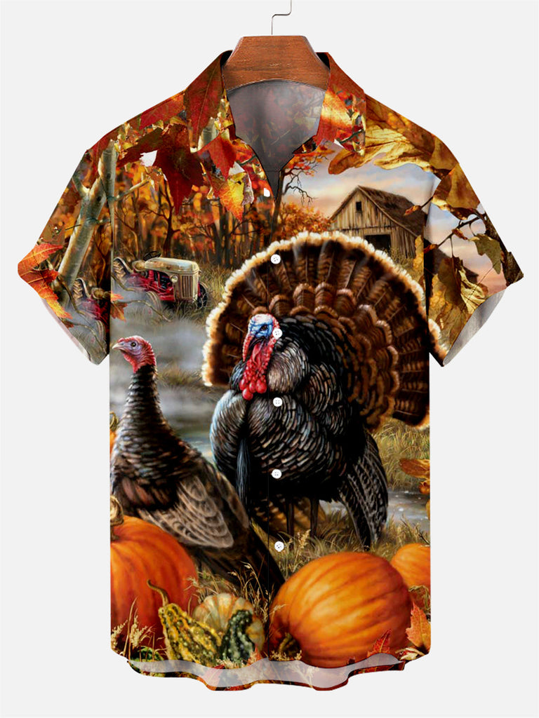 Men's Thanksgiving Turkey Print Short Sleeve Shirt Orange / M