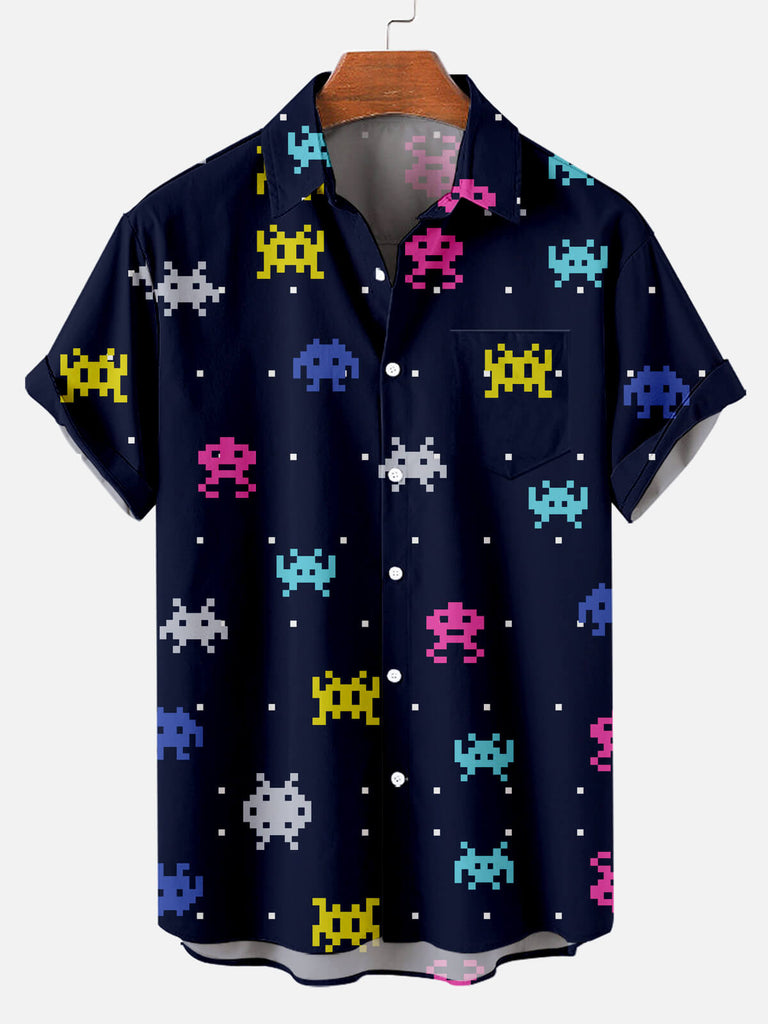 Cartoon Alien Men's Short Sleeve Casual Shirt Blue / M