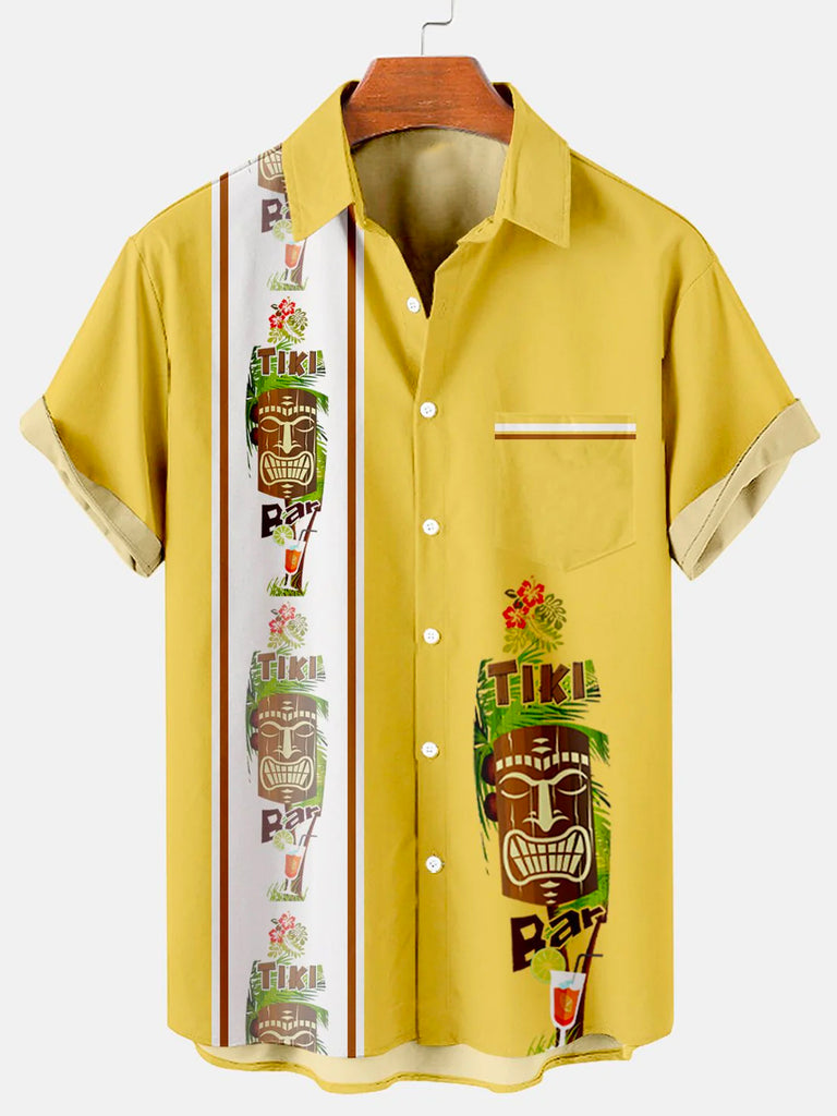 Men's Hawaiian Tiki Print Bowling Casual Short Sleeve Shirt with Chest PockerMens short sleeve shirts Big and tall Mens shirts Short sleeve shirts for men Mens 4xl shirts Casual short sleeve shirts