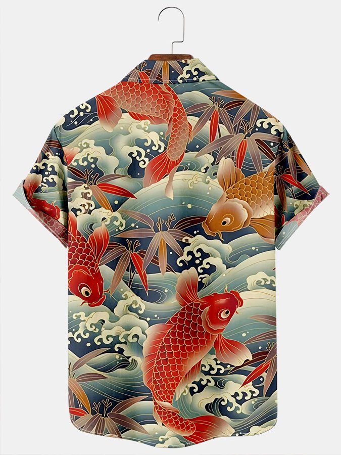 Men's Vintage Koi Ocean Creatures Print Short Sleeve Shirt