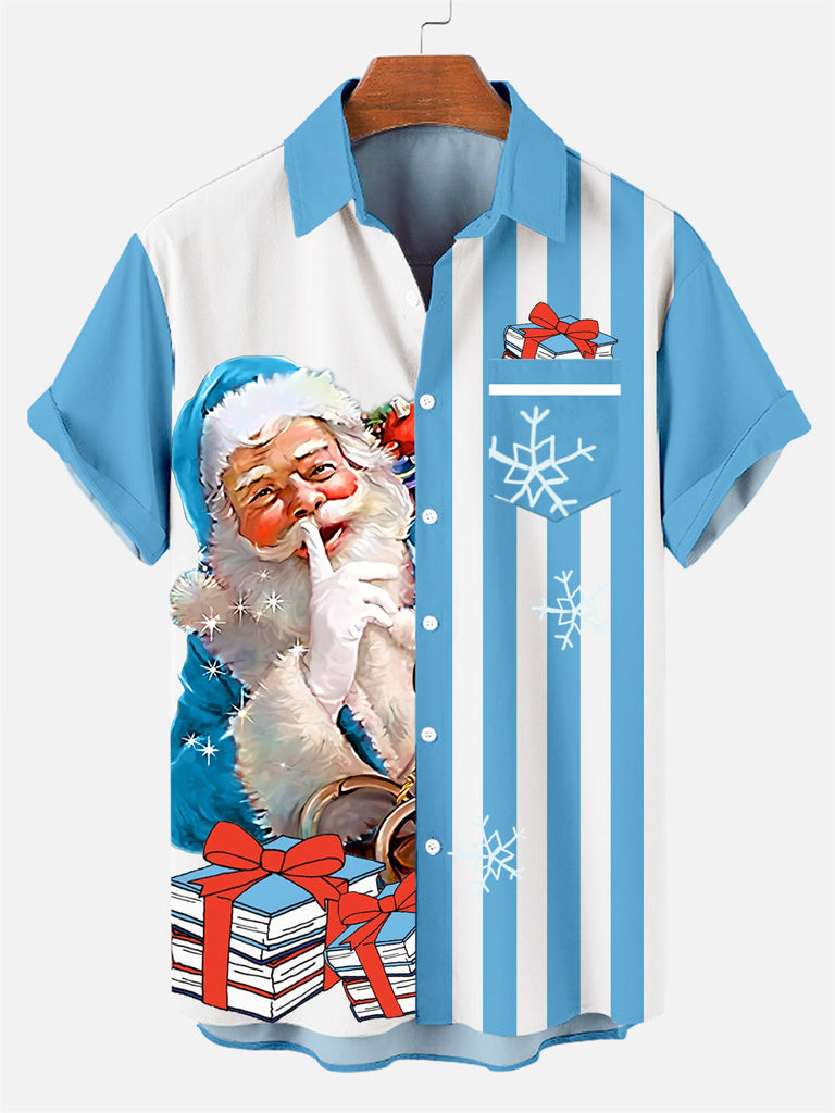 Christmas Santa Books Men's Short Sleeve Shirt Blue / M