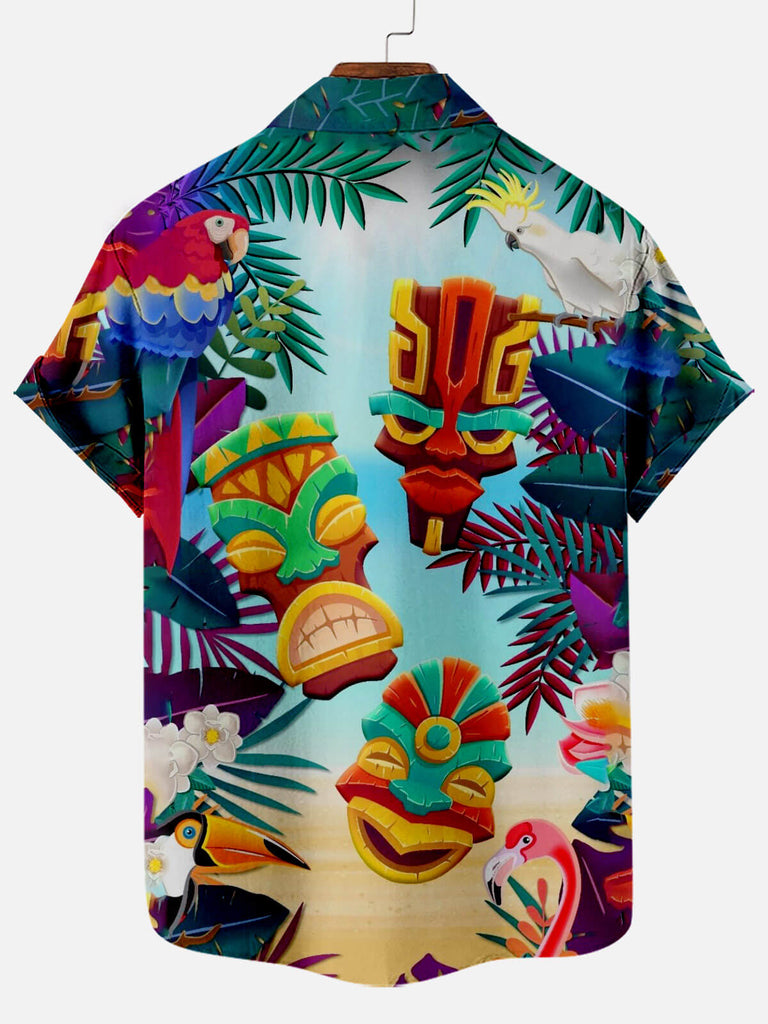 Tiki Tribal Summer Style Splicing Printing Lapel Men's Short-sleeved Shirt