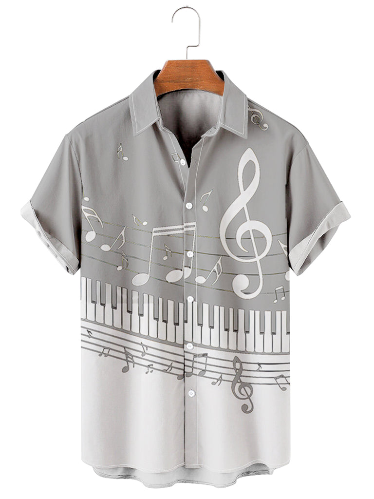 Men's Music Collection B&W Piano Breathable Soft Front Button Shirt Gray / MMens short sleeve shirts Big and tall Mens shirts Short sleeve shirts for men Mens 4xl shirts Casual short sleeve shirts