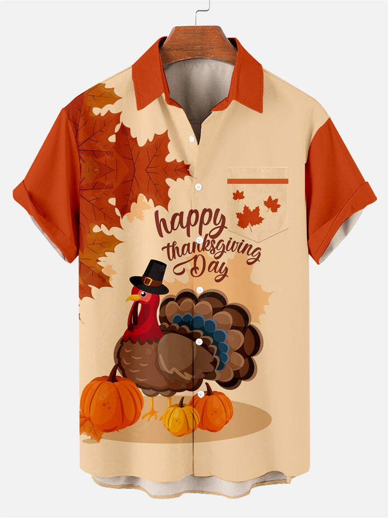 Men's Happy Thanksgiving Day Print Short Sleeve Shirt Orange / M