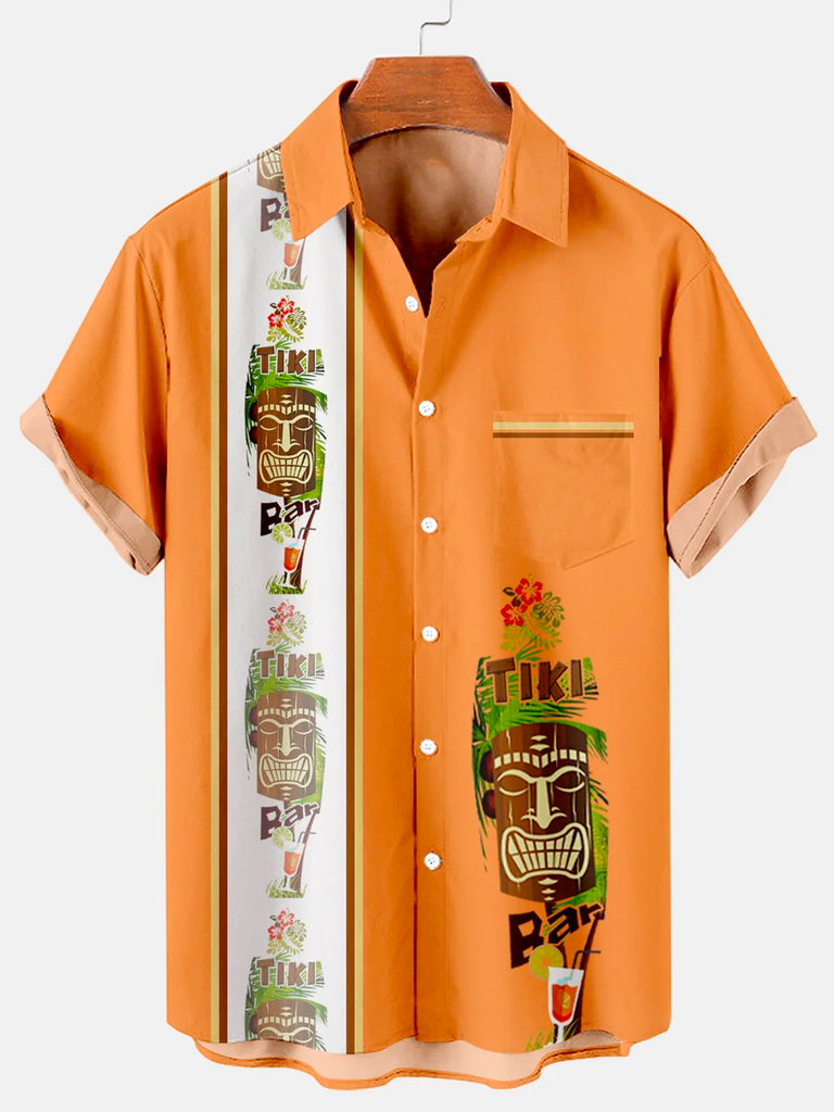 Men's Hawaiian Tiki Print Bowling Casual Short Sleeve Shirt with Chest PockerMens short sleeve shirts Big and tall Mens shirts Short sleeve shirts for men Mens 4xl shirts Casual short sleeve shirts