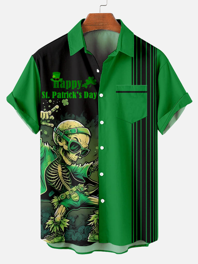 Men's St. Patrick's Party Skeleton Skull Contrast Stripe Print Short Sleeve ShirtMens short sleeve shirts Big and tall Mens shirts Short sleeve shirts for men Mens 4xl shirts Casual short sleeve shirts