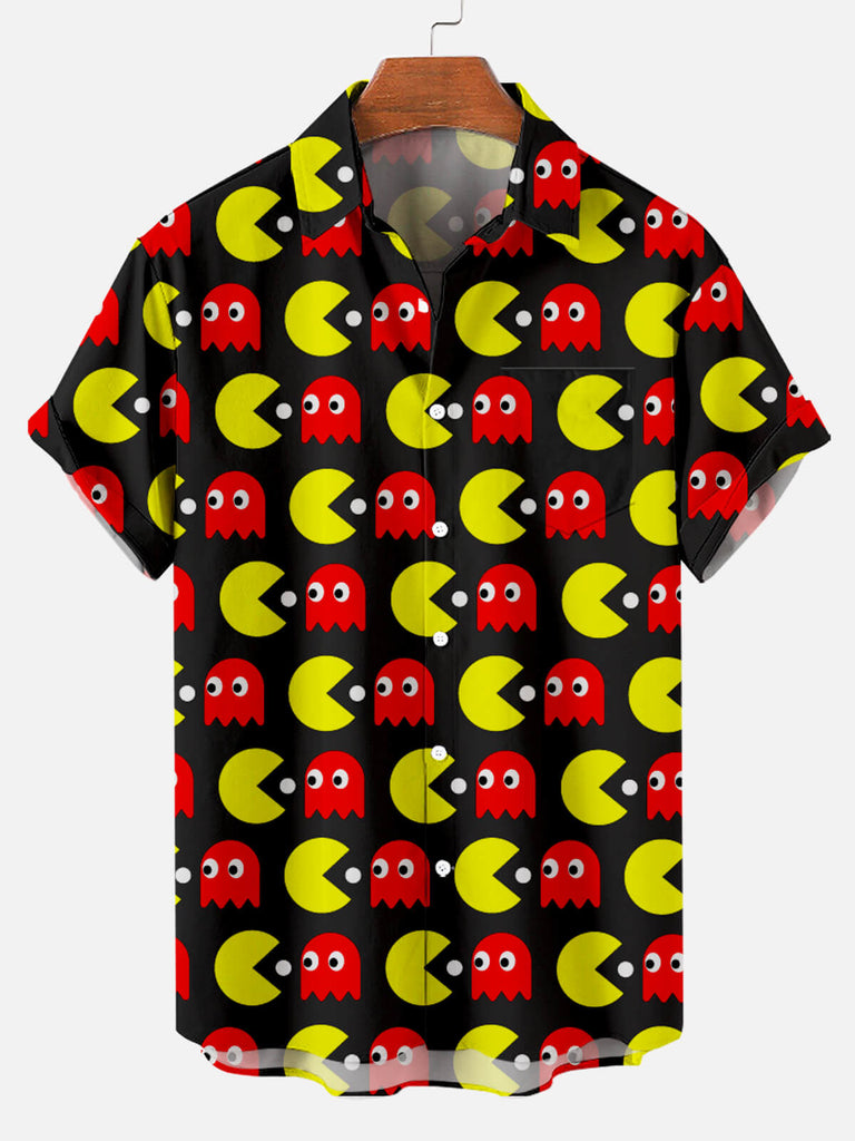 Cartoon PAC-MAN Doodle Men's Short Sleeve Casual Shirt Black / M