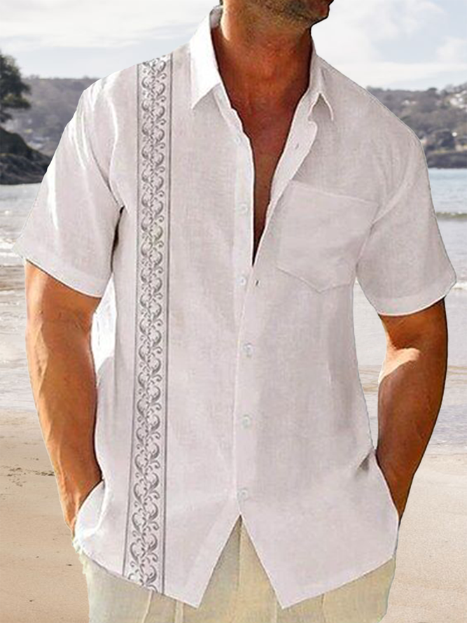 Long Stripe Stitching Plain Color Men's Lapel Short-sleeved Shirt White / M