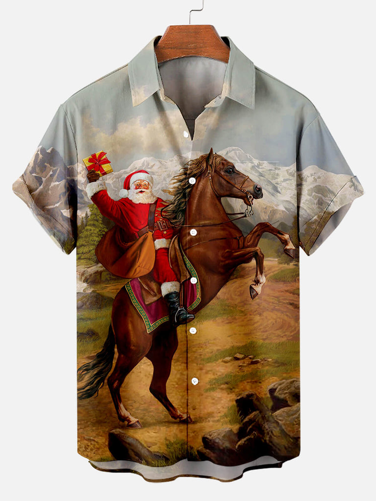 Christmas Santa Cowboy Men's Short Sleeve Shirt Blue / M