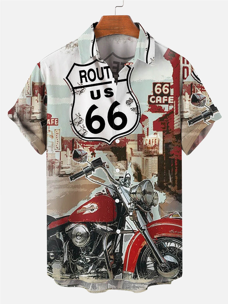 U.S. Route 66 Motorcycle Print Men's Short Sleeve ShirtMens short sleeve shirts Big and tall Mens shirts Short sleeve shirts for men Mens 4xl shirts Casual short sleeve shirts