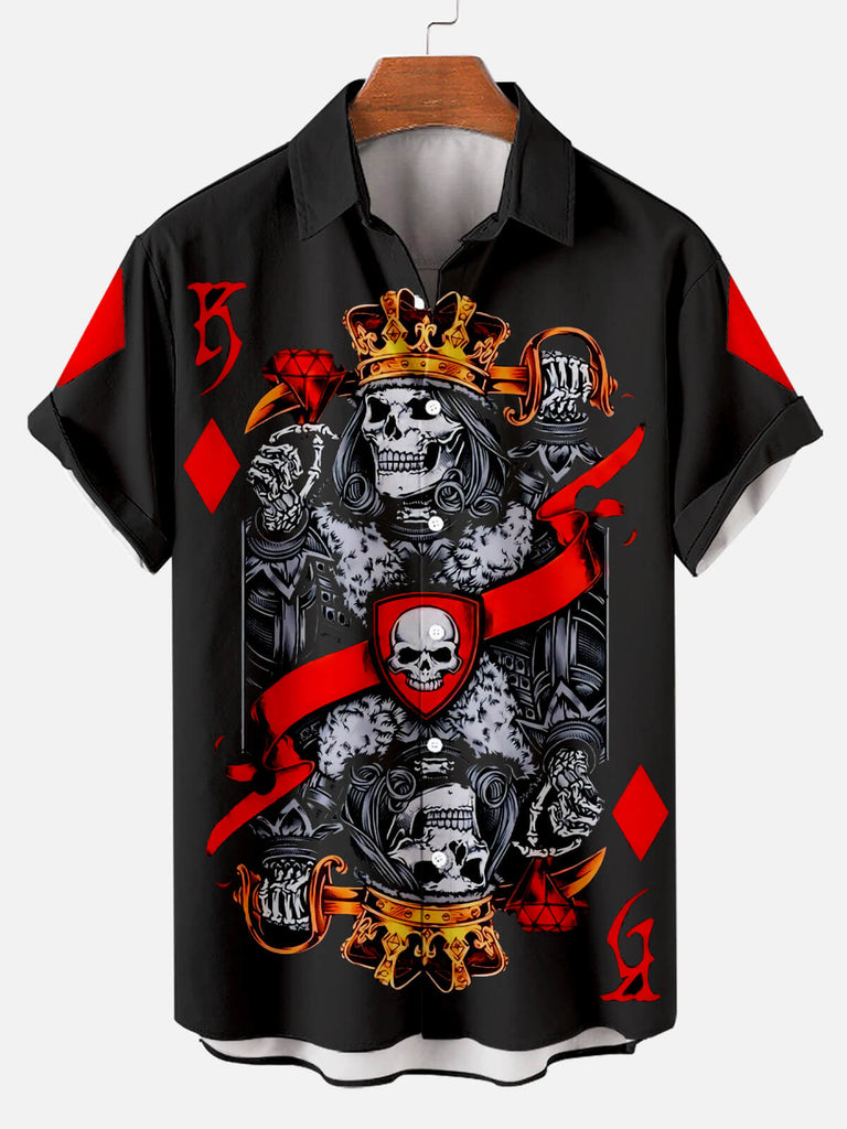 Skull Playing Card Print Men's Short Sleeve Shirt Black / M