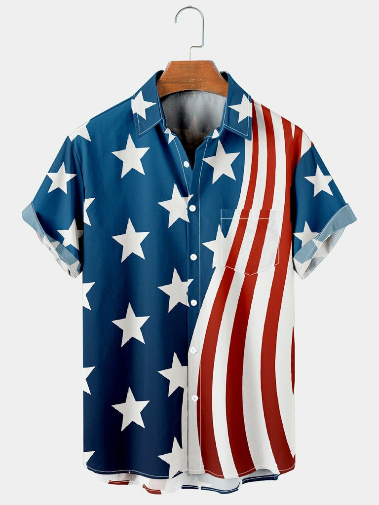 Men's Chic American Flag Front Pocket Short Sleeve Casual Shirt Blue / MMens short sleeve shirts Big and tall Mens shirts Short sleeve shirts for men Mens 4xl shirts Casual short sleeve shirts