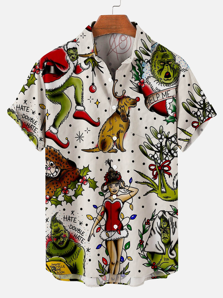 Christmas Grinches Dog Men's Short Sleeve Casual Shirt Beige / MMens short sleeve shirts Big and tall Mens shirts Short sleeve shirts for men Mens 4xl shirts Casual short sleeve shirts