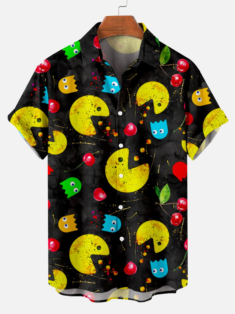 Cartoon PAC-MAN Doodle Men's Short Sleeve Casual Shirt Black / M