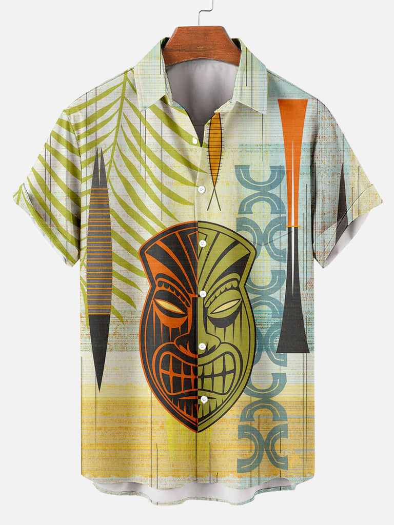 Tiki Tribal Mask Stitching Hawaiian Print Men's Short-sleeved Shirt Beige / MMens short sleeve shirts Big and tall Mens shirts Short sleeve shirts for men Mens 4xl shirts Casual short sleeve shirts