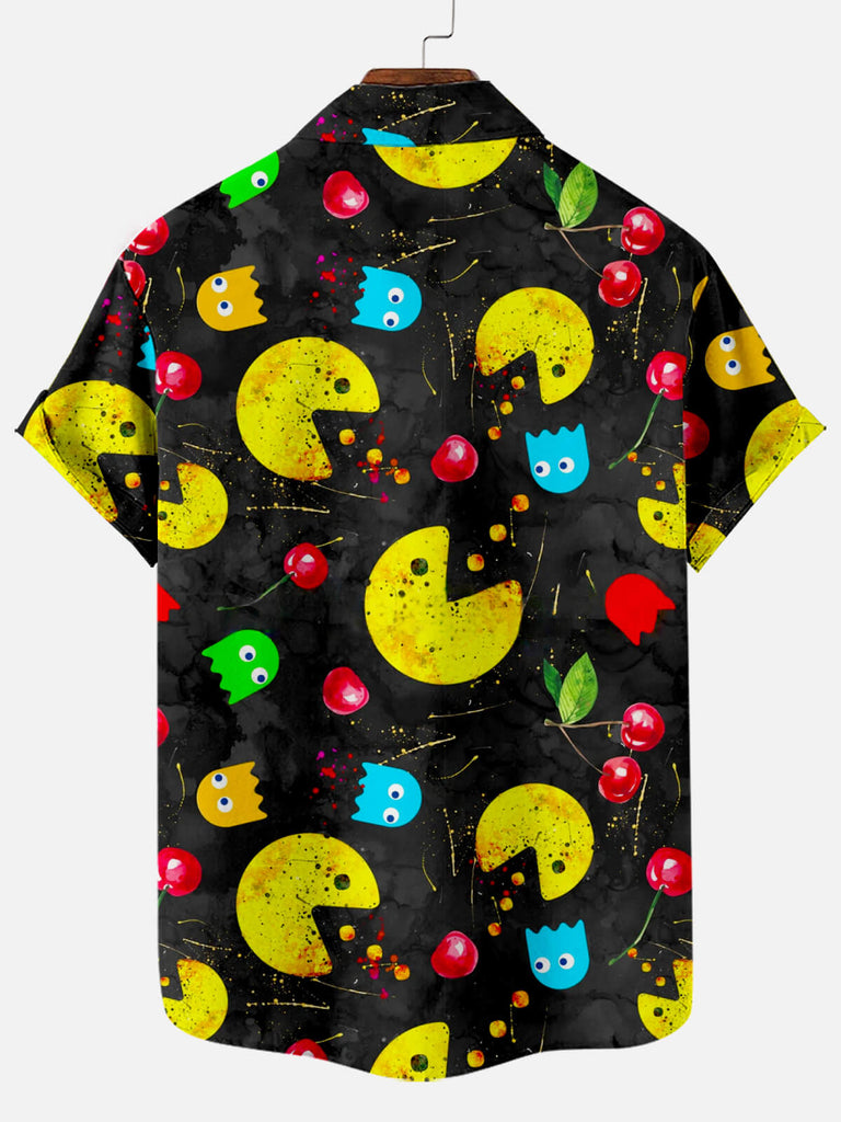 Cartoon PAC-MAN Doodle Men's Short Sleeve Casual Shirt