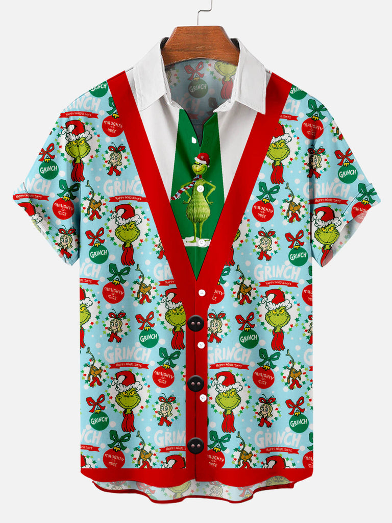 Christmas Grinch Men's Short Sleeve Casual Shirt Blue / M