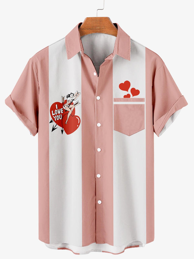 Valentine's Day Love Heart Print Men's Shirt Pink / MMens short sleeve shirts Big and tall Mens shirts Short sleeve shirts for men Mens 4xl shirts Casual short sleeve shirts