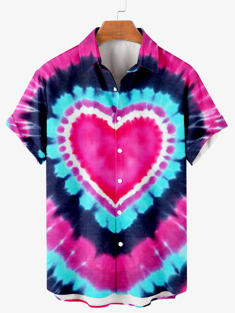 Valentine's Day Tie-dye Love Heart Print Men's Shirt Red / MMens short sleeve shirts Big and tall Mens shirts Short sleeve shirts for men Mens 4xl shirts Casual short sleeve shirts