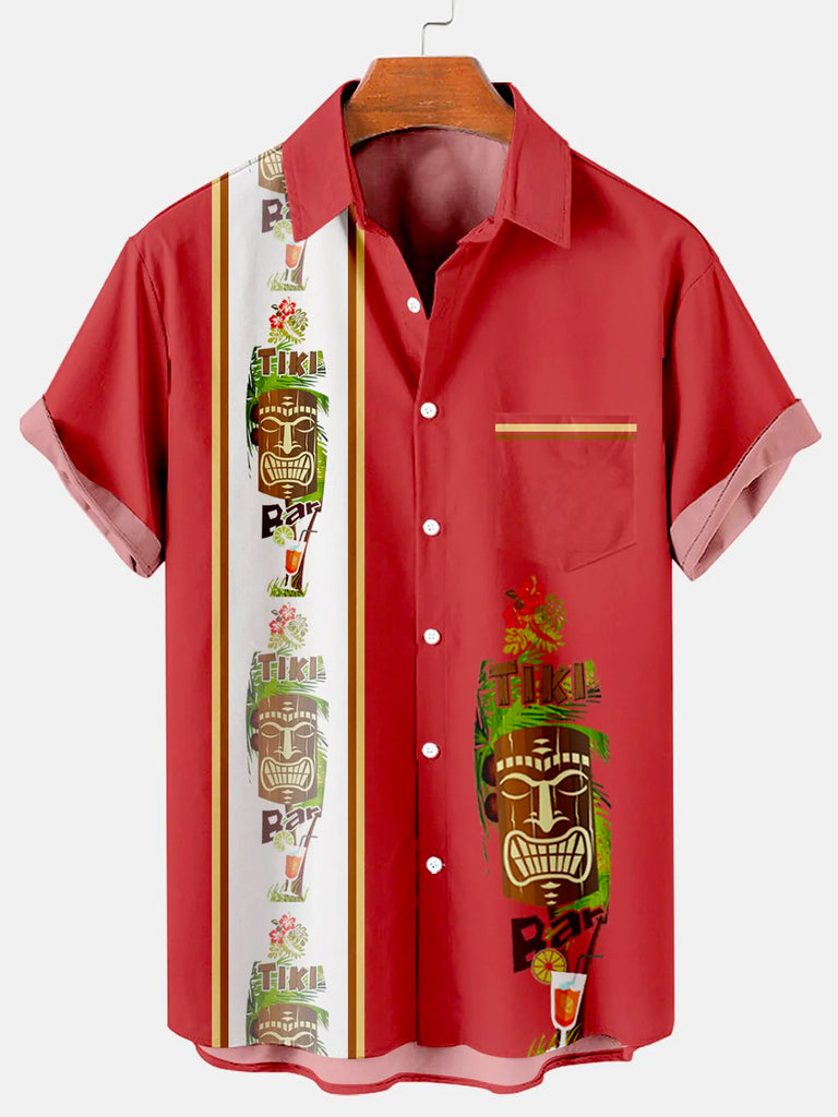 Men's Hawaiian Tiki Print Bowling Casual Short Sleeve Shirt with Chest PockerMens short sleeve shirts Big and tall Mens shirts Short sleeve shirts for men Mens 4xl shirts Casual short sleeve shirts