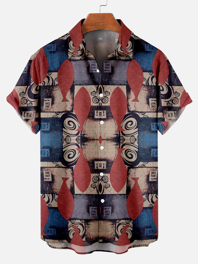 Retro Ethnic Pattern Men's Short Sleeve Tops Red / M