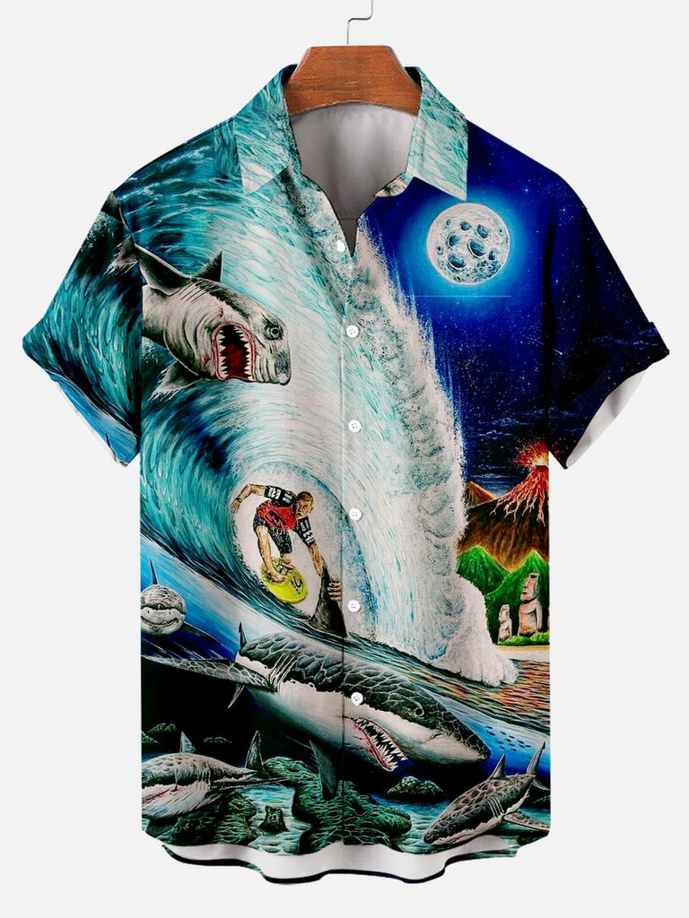 TIki Tribal Beach Surf Shark Stitching Hawaiian Men's Short Sleeve Shirt Blue / MMens short sleeve shirts Big and tall Mens shirts Short sleeve shirts for men Mens 4xl shirts Casual short sleeve shirts