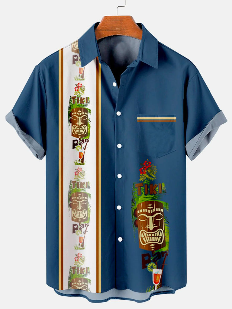 Men's Hawaiian Tiki Print Bowling Casual Short Sleeve Shirt with Chest PockerMens short sleeve shirts Big and tall Mens shirts Short sleeve shirts for men Mens 4xl shirts Casual short sleeve shirts