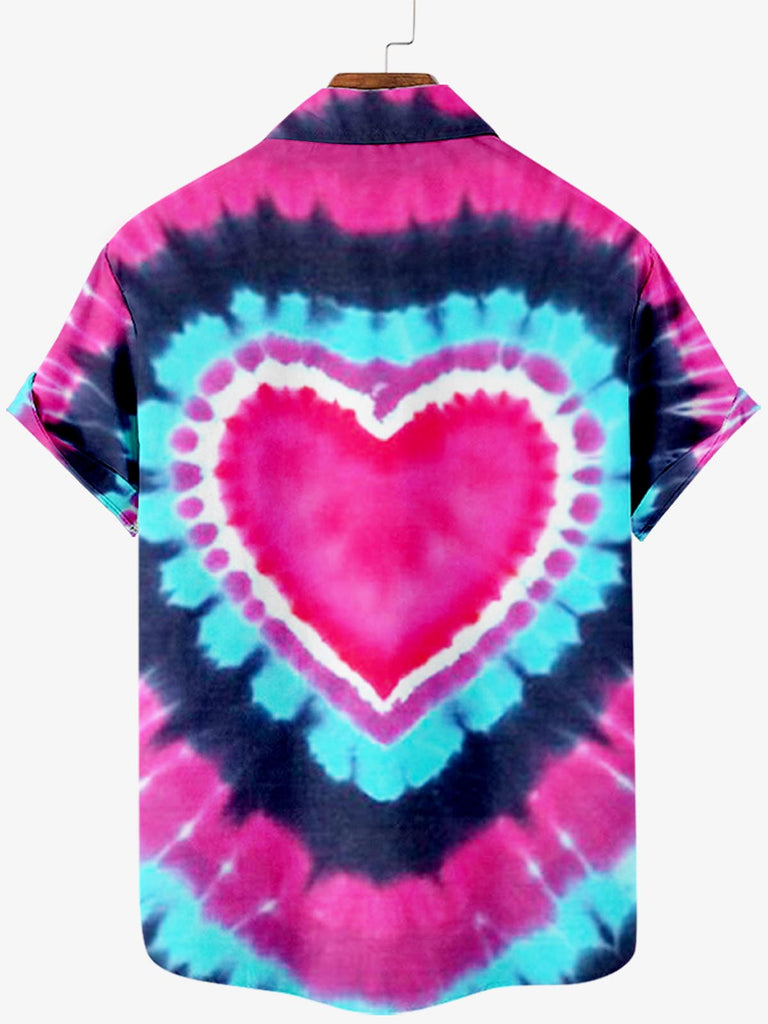 Valentine's Day Tie-dye Love Heart Print Men's ShirtMens short sleeve shirts Big and tall Mens shirts Short sleeve shirts for men Mens 4xl shirts Casual short sleeve shirts