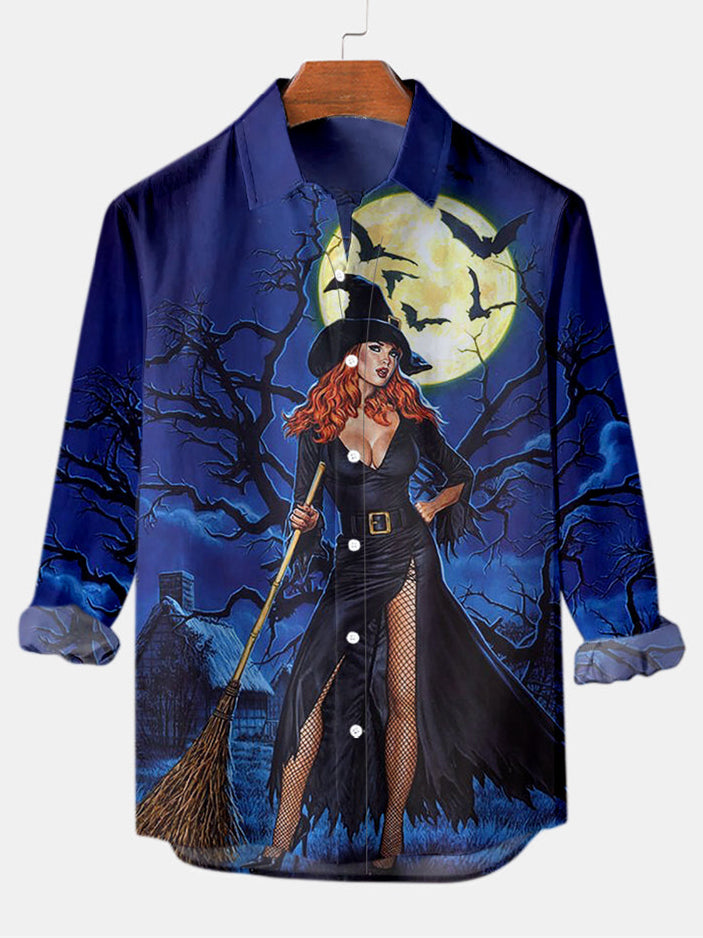 Halloween Moon Witch Men's Long Sleeve Shirt Blue / MMens short sleeve shirts Big and tall Mens shirts Short sleeve shirts for men Mens 4xl shirts Casual short sleeve shirts