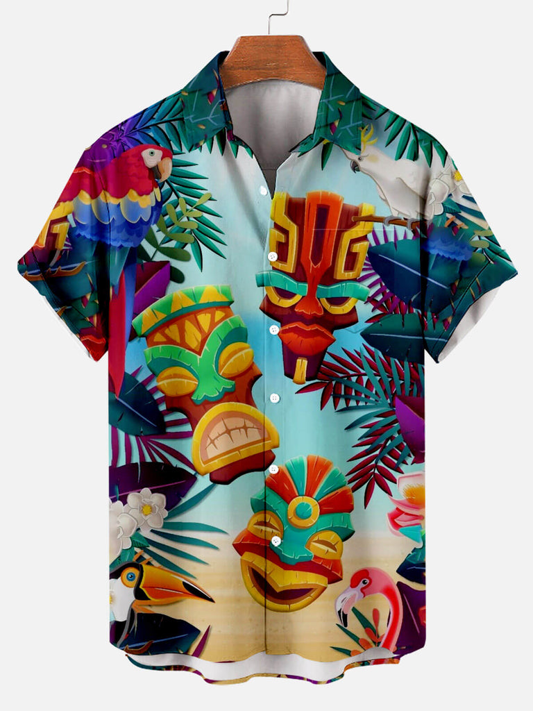 Tiki Tribal Summer Style Splicing Printing Lapel Men's Short-sleeved Shirt Blue / M