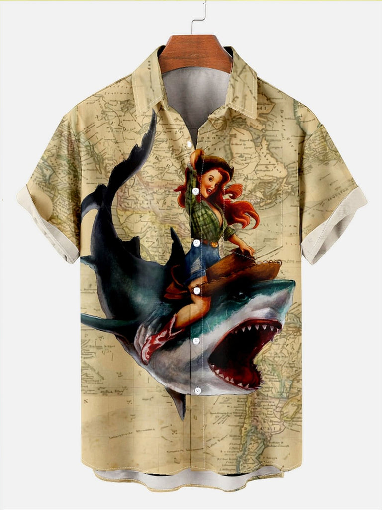 Cowgirl Shark Pattern Men's Hawaii Short Sleeve ShirtMens short sleeve shirts Big and tall Mens shirts Short sleeve shirts for men Mens 4xl shirts Casual short sleeve shirts