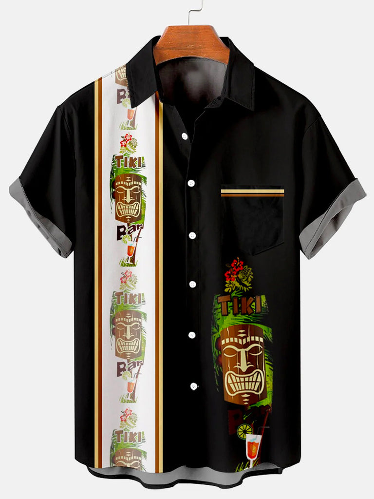 Men's Hawaiian Tiki Print Bowling Casual Short Sleeve Shirt with Chest PockerMens short sleeve shirts Big and tall Mens shirts Short sleeve shirts for men Mens 4xl shirts Casual short sleeve shirts