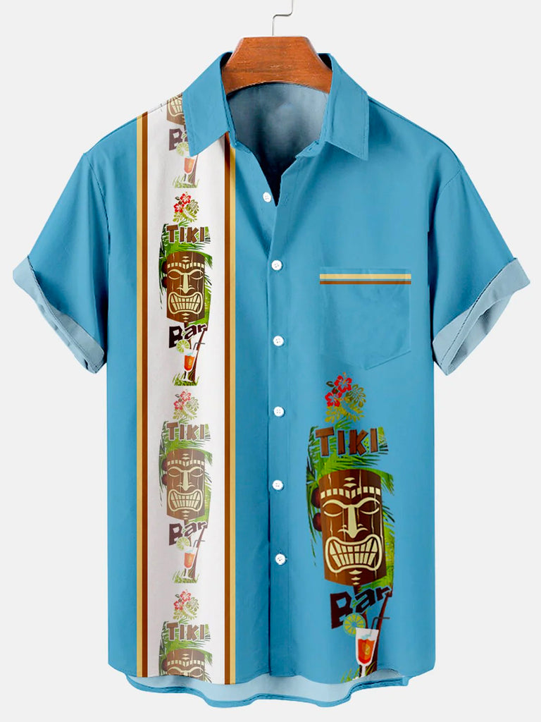 Men's Hawaiian Tiki Print Bowling Casual Short Sleeve Shirt with Chest PockerMens short sleeve shirts Big and tall Mens shirts Short sleeve shirts for men Mens 4xl shirts Casual short sleeve shirts