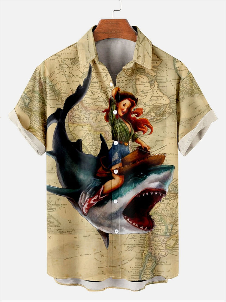 Cowgirl Shark Pattern Men's Hawaii Short Sleeve ShirtMens short sleeve shirts Big and tall Mens shirts Short sleeve shirts for men Mens 4xl shirts Casual short sleeve shirts