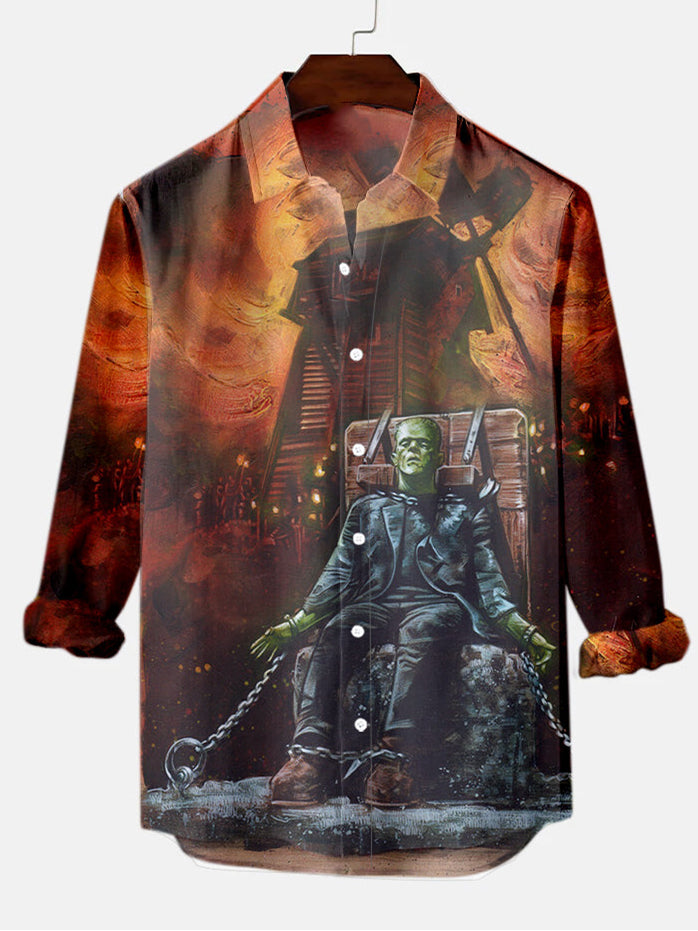 Halloween Frankenstein Men's Long Sleeve Shirt Orange / MMens short sleeve shirts Big and tall Mens shirts Short sleeve shirts for men Mens 4xl shirts Casual short sleeve shirts