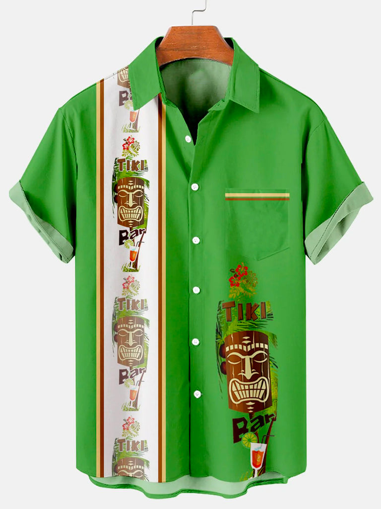 Men's Hawaiian Tiki Print Bowling Casual Short Sleeve Shirt with Chest PockerMens short sleeve shirts Big and tall Mens shirts Short sleeve shirts for men Mens 4xl shirts Casual short sleeve shirts