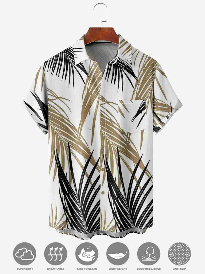 Men's Leaf Print Moisture Wicking Fabric Trendy Lapel Short Sleeve Shirt White / MMens short sleeve shirts Big and tall Mens shirts Short sleeve shirts for men Mens 4xl shirts Casual short sleeve shirts