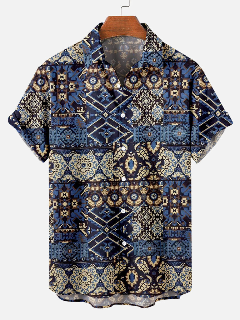 Retro Ethnic Pattern Men's Short Sleeve Tops Blue / M