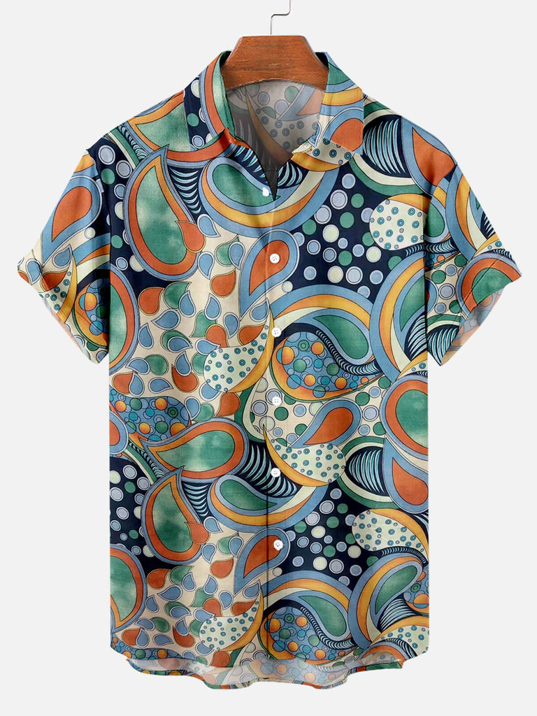 Retro Ethnic Pattern Men's Short Sleeve Tops Green / M