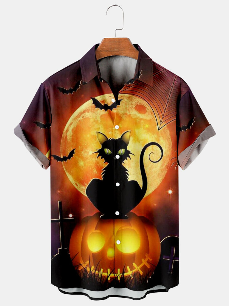 Halloween Black Cat Men's Plus Size Short-Sleeved Shirt Black / MMens short sleeve shirts Big and tall Mens shirts Short sleeve shirts for men Mens 4xl shirts Casual short sleeve shirts