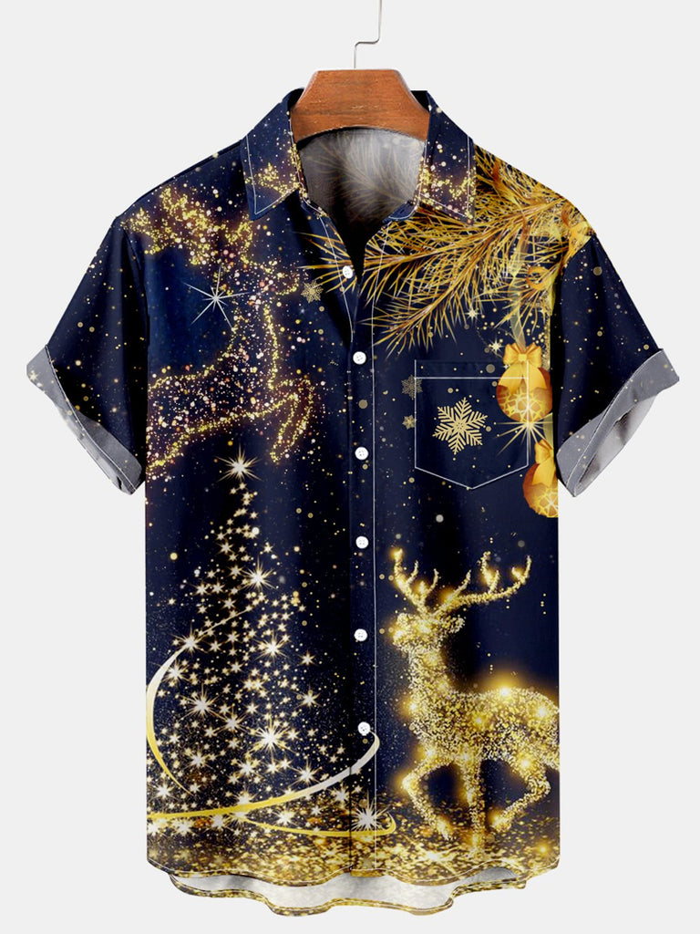 Royal Christmas Elk Men's Short Sleeve Shirt Blue / MMens short sleeve shirts Big and tall Mens shirts Short sleeve shirts for men Mens 4xl shirts Casual short sleeve shirts