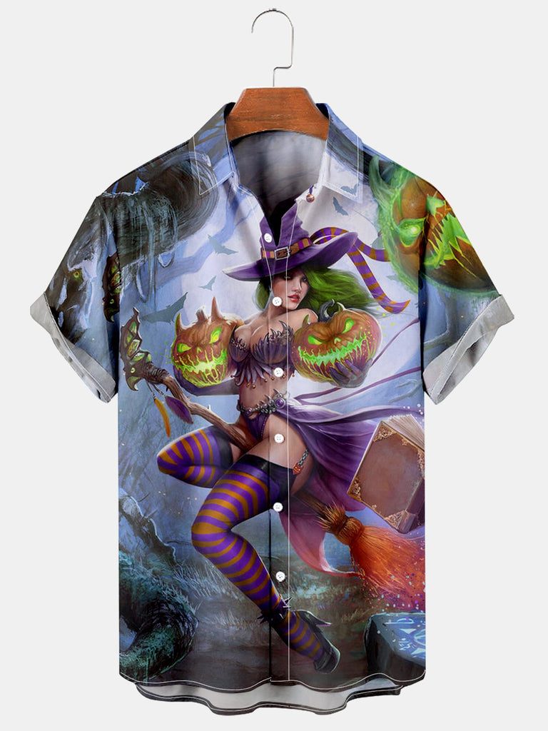 Halloween Evil Witch Men's Plus Size Short-Sleeved Shirt Purple / M