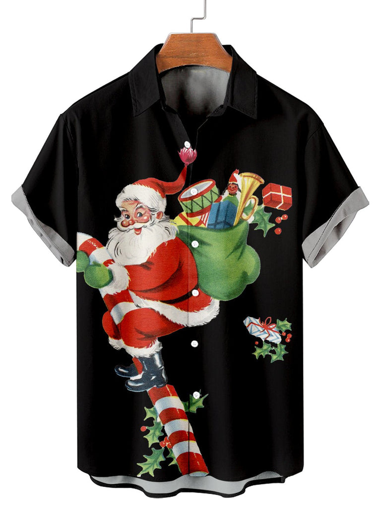 Christmas Santa Men's Short Sleeve Casual Shirt Black / MMens short sleeve shirts Big and tall Mens shirts Short sleeve shirts for men Mens 4xl shirts Casual short sleeve shirts